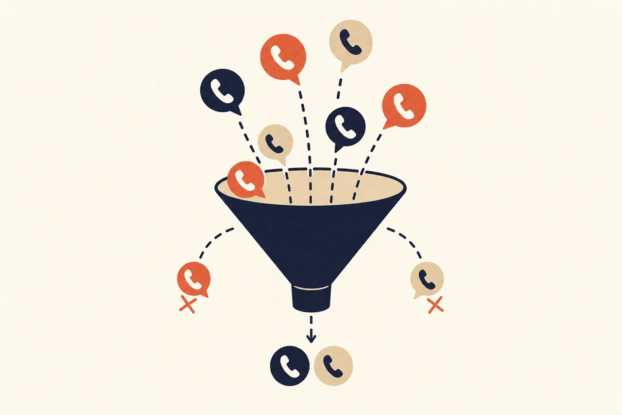 Illustration of a funnel filtering phone calls, keeping the good ones