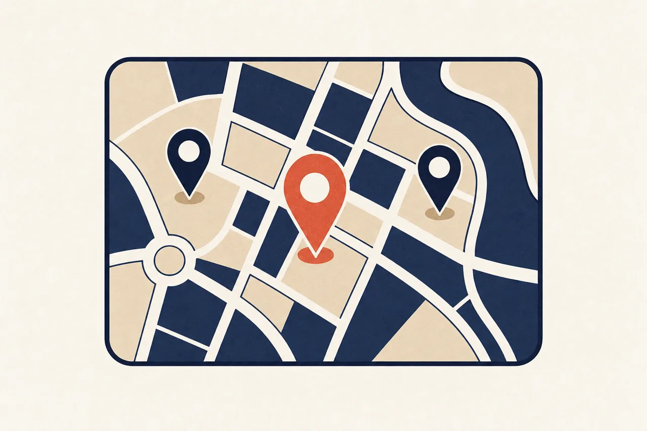 Illustration of a street map with three location pins, the middle one highlighted
