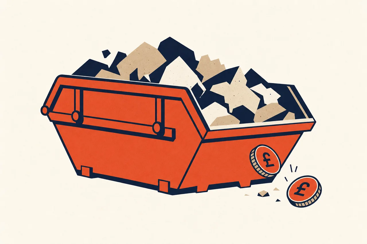 Illustration of a skip full of rubble with pound coins spilling out