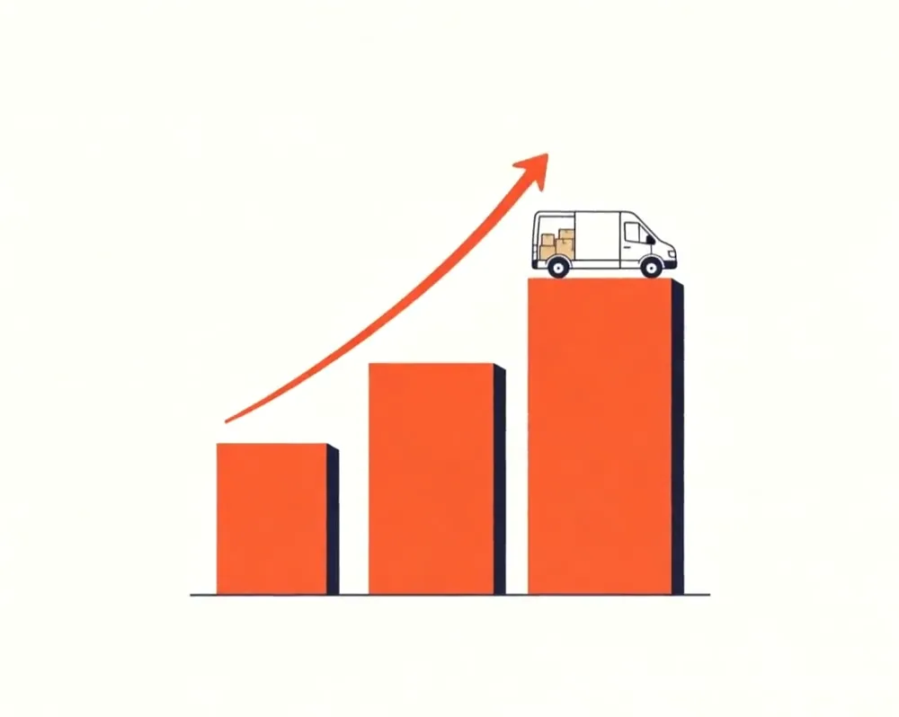 Illustration of a moving firm's bookings growing, shown as rising bars with a removals van on top