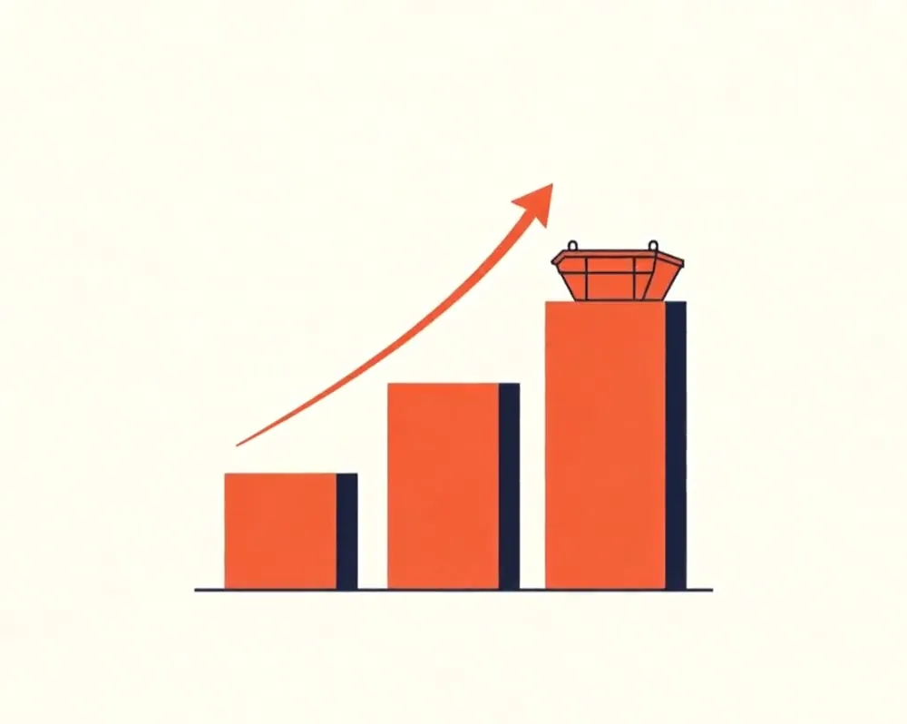 Illustration of a skip-hire firm's bookings growing, shown as rising bars with a skip on top