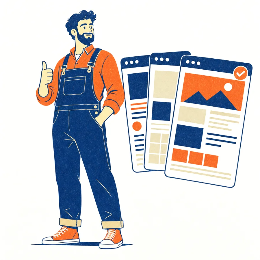 Illustration of a specialist giving a thumbs up beside live client websites