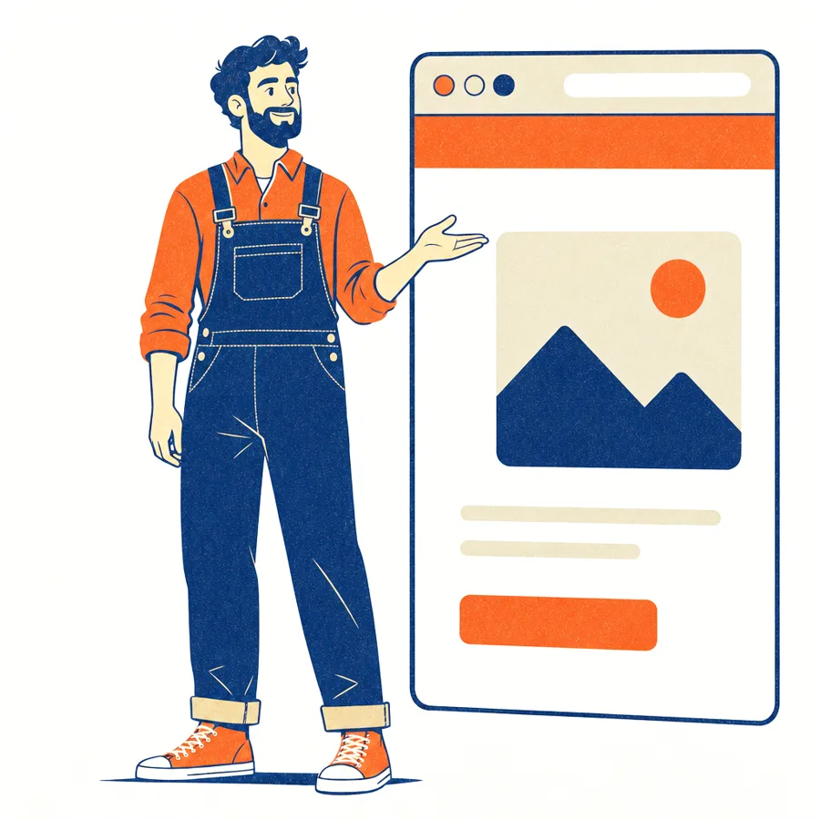Illustration of a specialist presenting a website he built for a clearance firm